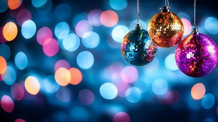 Fototapeta premium Colorful Christmas Ornaments Hanging Against Bokeh Lights