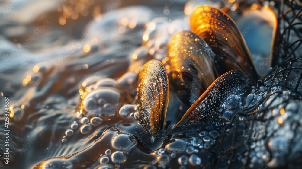 Poster Shellfish are seen tucked into the ocean floor as gentle waves wash over them, capturing the shimmering light of sunset and highlighting the bubbles around their shells.