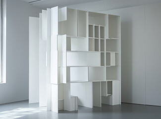 Fototapeta premium Interior layout of a wardrobe space with shelving. White is on the grey