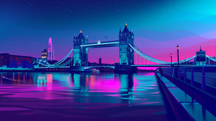 Obraz premium neon blue purple gradient tower bridge london reflections city lights street lamps night