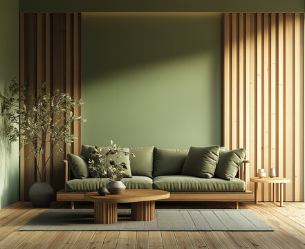 Photo of a living room with an olive green wall, featuring vertical wooden slats and soft lighting