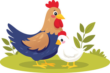 Cute hen with little chick on grass, perfect for farm illustrations, children’s books, animal designs, education graphics vector.