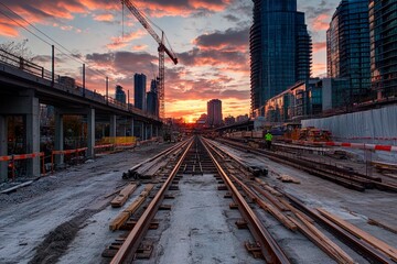 Fototapeta premium Sunset over construction site with railway tracks leading into vibrant city skyline