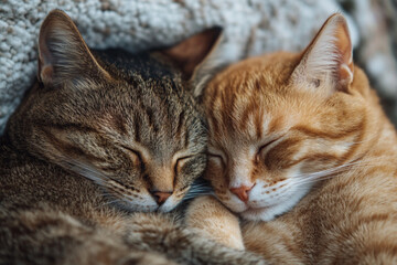Fototapeta premium There are two cats that are sleeping together on the floor
