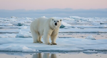 Polar Bear Standing on Ice Floe in Arctic Environment at Dusk