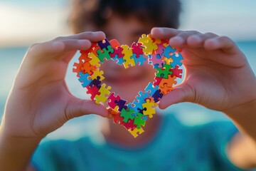 Child holding colorful puzzle heart, beach sunset, autism awareness