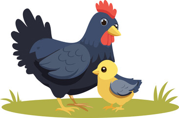 Cute hen with little chick on grass, perfect for farm illustrations, children’s books, animal designs, education graphics vector.