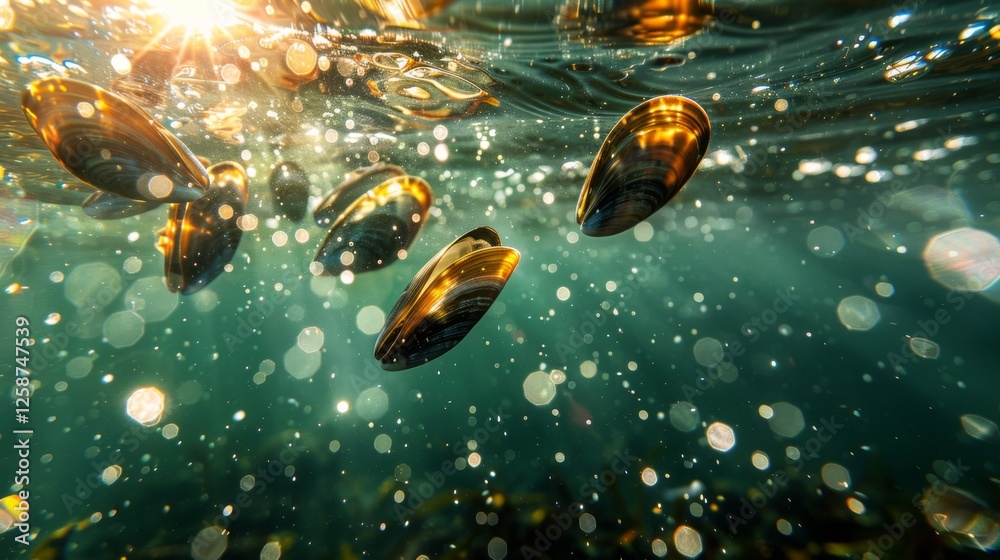 Poster Sunlight dances on the surface as shiny shells float gracefully underwater, creating a captivating view in a tranquil ocean setting during midday.