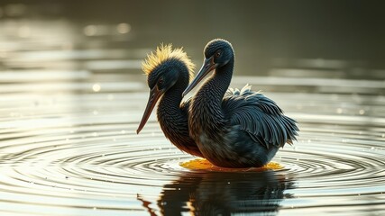 Fototapeta premium Feathers and beak glisten with dew on the water surface , water, surface