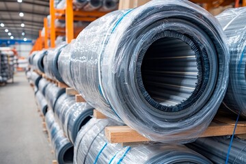 Roll of metal coils in a warehouse with bright lighting showcasing industrial storage organization