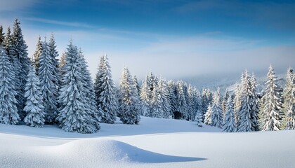Fototapeta premium beautiful landscape with snow covered fir trees and snowdrifts merry christmas and happy new year greeting background with copy space winter fairytale
