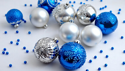 Adornos navideños en plata, blanco y azul dispuestos sobre una superficie blanca, con pequeñas cuentas decorativas azules esparcidas por todas partes