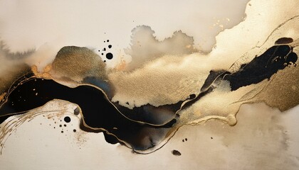 metallic ink watercolor grain pour blot on beige empty paper blank texture background black gold neutral tone