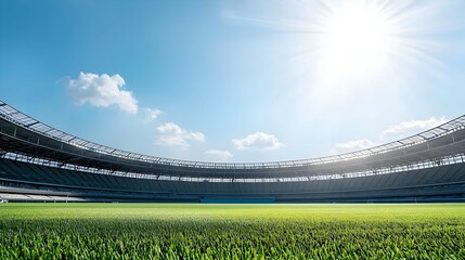 Fototapeta premium Bright Sunny Day at a Large Green Grass Soccer Stadium