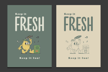 retro poster design with a cute lemon mascot character, vector illustration