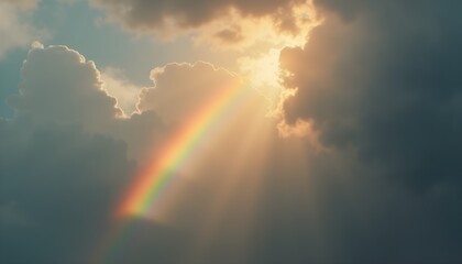 Fototapeta premium Rainbow emerging from storm clouds with sunlight