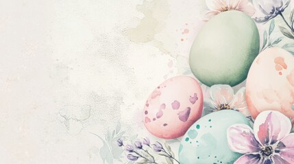 A beautiful illustration of pastel colored Easter eggs surrounded by delicate flowers. The design evokes a serene and festive atmosphere for spring celebrations.