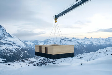 Winter Construction Site with Crane Lifting Timber House Frame in Snowy Zermatt Mountains