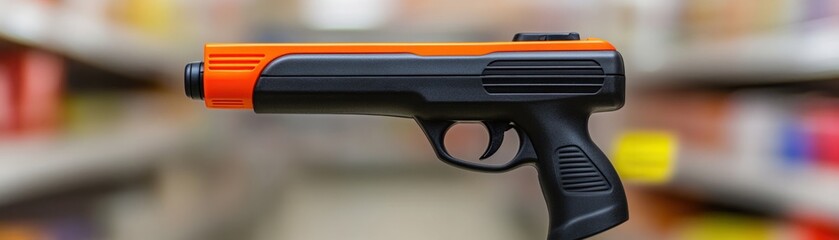 Realistic Orange and Black Toy Gun Displayed on a Shelf in a Retail Store, Isolated on Blurred Background with Soft Focus for Product Photography