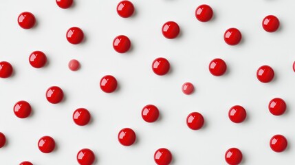 A field of shiny red orbs, uniformly spaced across a bright white background, punctuated by two smaller, pale rose spheres, creating an eye-catching pattern.