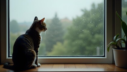 Cat sitting by window watching rainy day outside