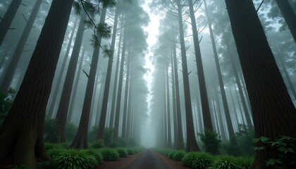 Misty forest path lined with towering trees