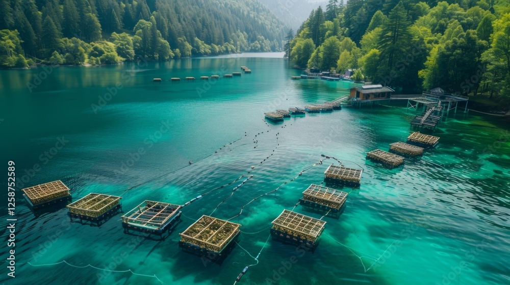 Poster aquaculture platforms are anchored in a turquoise lake, framed by dense greenery and distant mountai