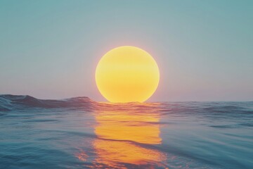 Obraz premium Ocean sunset, large sun, calm waves, pastel sky, digital art