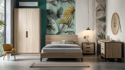 Modern Bedroom Design with Tropical Wall Decor and Light Wood Furniture