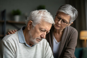 elderly sad man A senior couple experiences emotional distress, with one partner comforting the other in a warm, softly lit living space.