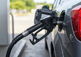 Close up of a fuel pump refueling a car at a gas station, highlighting the fuel nozzle inserted into the vehicle's tank. The image captures the refueling process in detail.