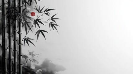 Zen bamboo, ink painting, misty background, meditative image