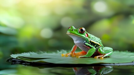 Fototapeta premium Vibrant Green Frog on Lily Pad in Tropical Setting
