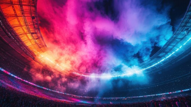 Stadium illuminated in vibrant colors, creating a dynamic and electrifying atmosphere for a thrilling event, promising unforgettable memories.