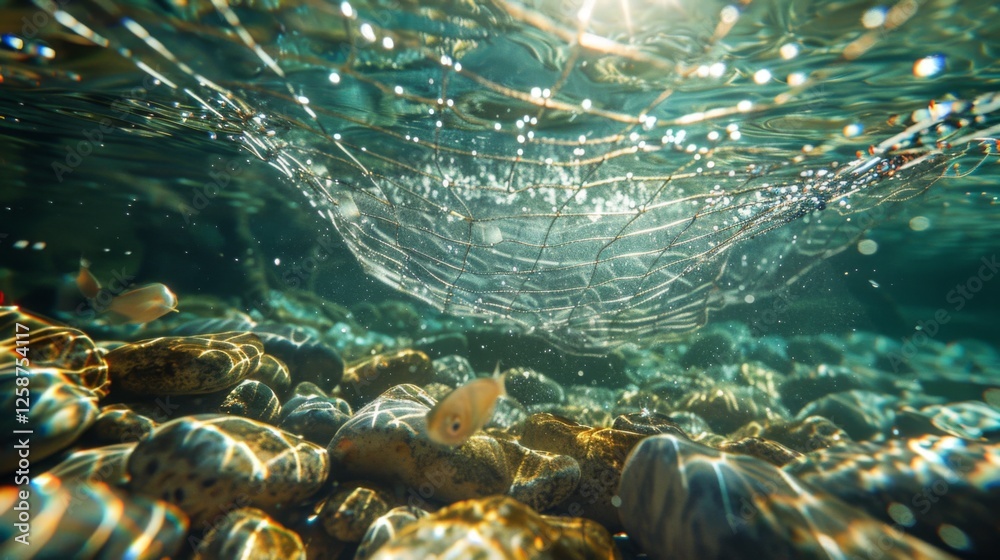 Poster Clear water reveals a fishing net resting on smooth rocks, with small fish darting around. Sunlight sparkles above, creating a serene aquatic atmosphere during daytime.