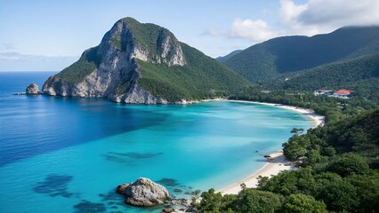 Obraz premium Tranquil cove between blue sea and green mountains