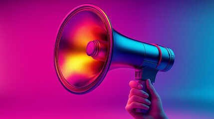 Futuristic metallic neon megaphone held in hand with glowing vibrant pink and blue lighting in modern 3D digital illustration and artistic technology communication concept