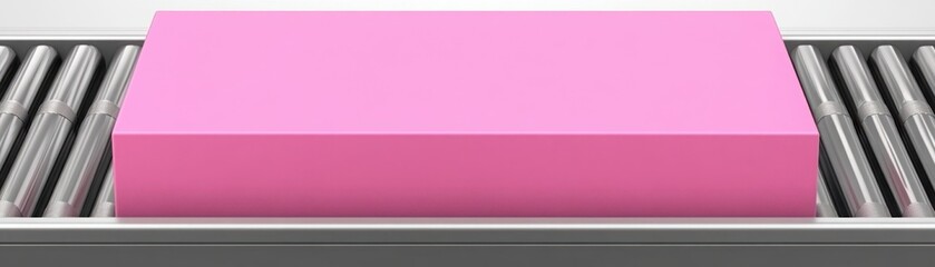 Obraz premium Pink Rectangular Box on Conveyor Belt in Modern Industrial Setting Representing Packaging, Delivery, and Logistics Operations for Shipping Needs