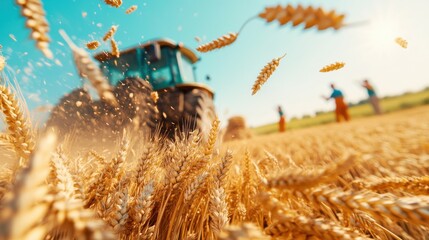 A close-up of golden wheat grains flying through the air as a tractor harvests a sunlit field, with blurred farm workers in the background.