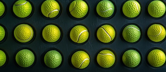 Close-up view of vibrant tennis balls arranged in a grid, showcasing texture and color