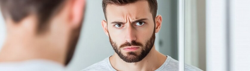 Obraz premium Young man with intense expression gazing into mirror, reflecting on emotions, showcasing vulnerability and self-reflection in modern bathroom setting