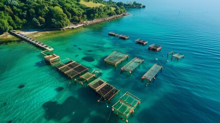 Fototapeta premium Floating structures used for aquaculture are seen in clear blue waters, surrounded by a green landscape. The sunlight reflects off the water, creating a serene atmosphere.