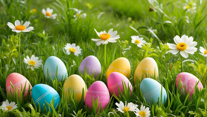Fototapeta premium Colorful Easter Eggs Nestled in a Meadow of Daisies