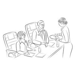 Girl serves two cups of tea, coffee on a tray to employees. Secretary in the office. Work meeting. Vector illustrations