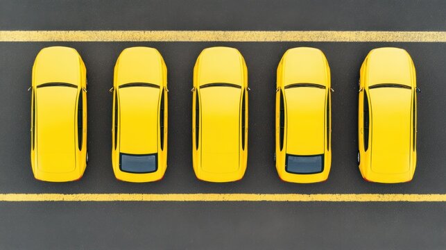 Aerial View of Five Bright Yellow Cars Parked in a Neat Row on a Gray Tarmac Surface with Clear Yellow Parking Lines