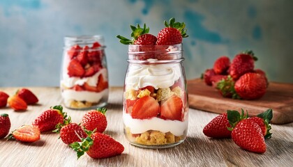 putting homemade strawberry shortcake trifle jar with fresh strawberries and whipped cream on the table