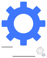 Large blue gear at the center with two smaller gears in the corner. Ideal for teamwork, efficiency, development, engineering, machinery, automation, and innovation concepts. Abstract line flat