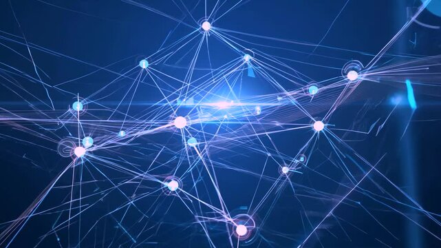 Glowing blue interconnected digital nodes and lines forming a futuristic global data communication network. Concept of connectivity and progress