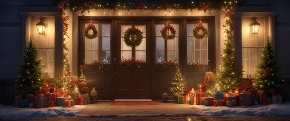 Front door with Christmas tree and festive decorations, decorating, seasonal