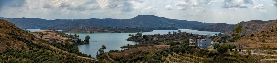 Fototapeta premium Wıde panorama of Oymapinar Lake on Manavgat river, Antalya, Turkey, August. 